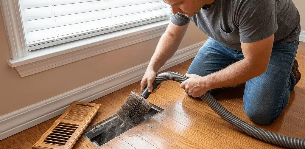 Air duct cleaning technician vacuuming a floor vent and duct opening in Hollywood, FL