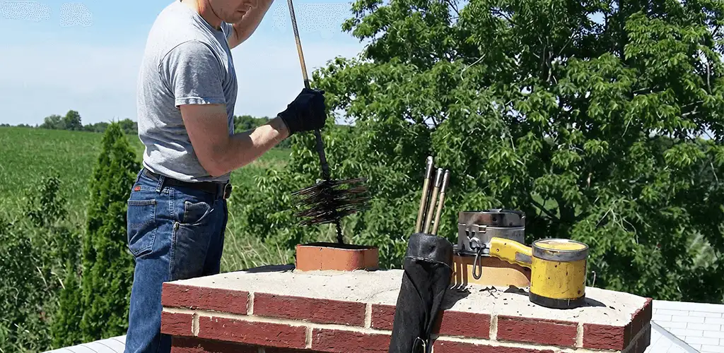 Chimney cleaning technician working on a rooftop chimney with professional tools in Hollywood, FL
