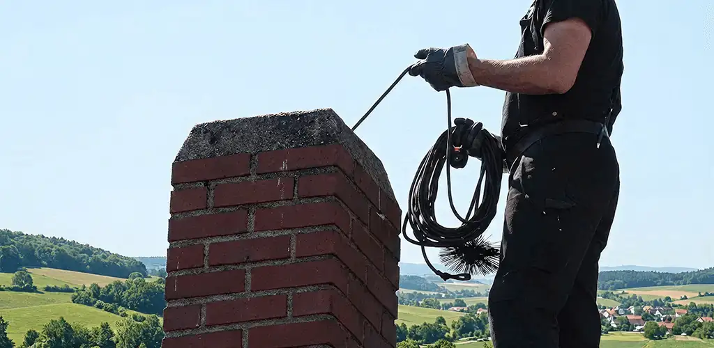 Chimney sweep inspecting and cleaning a rooftop chimney in Hollywood, FL