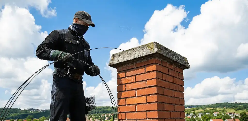 Chimney sweep cleaning a brick chimney with professional tools in Hollywood, FL