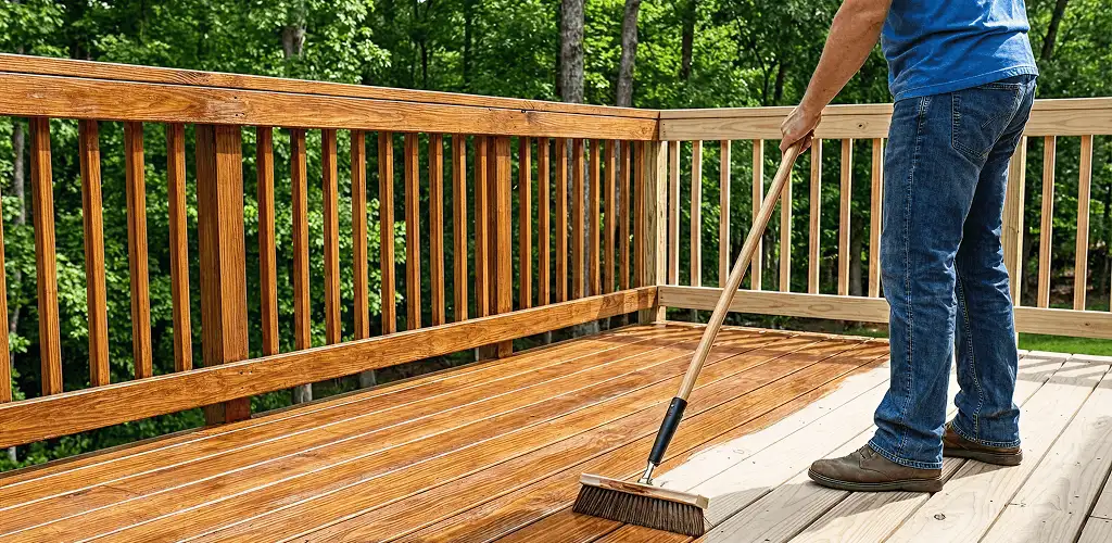 Deck staining and sealing application on a wood deck in Hollywood, FL