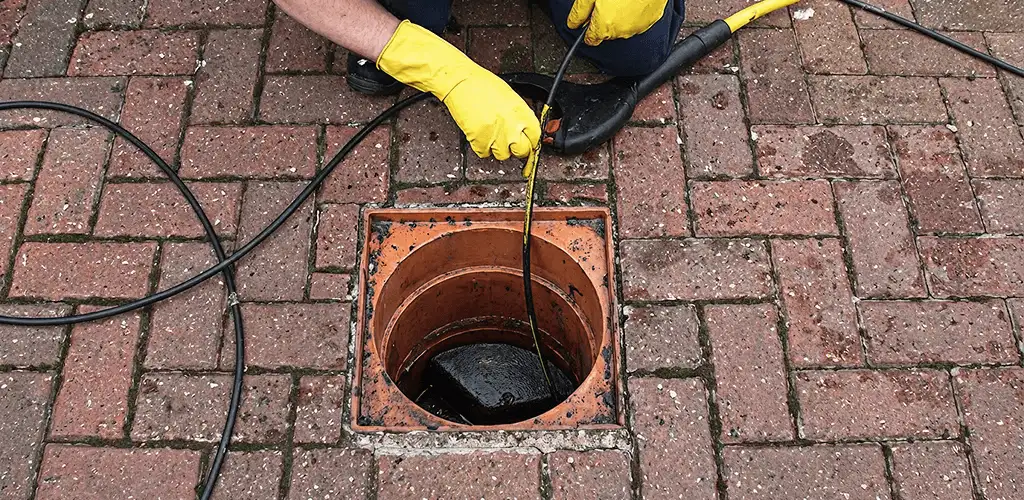 Drain cleaning technician using a drain snake to clear a clogged drain in Hollywood, FL