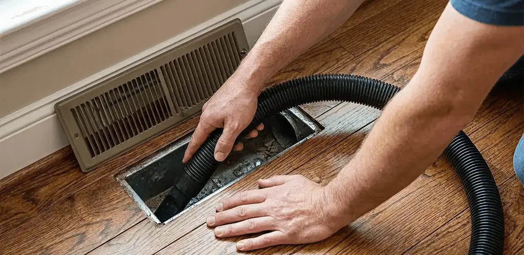 Air duct cleaning technician vacuuming a floor register and duct opening in Hollywood, FL