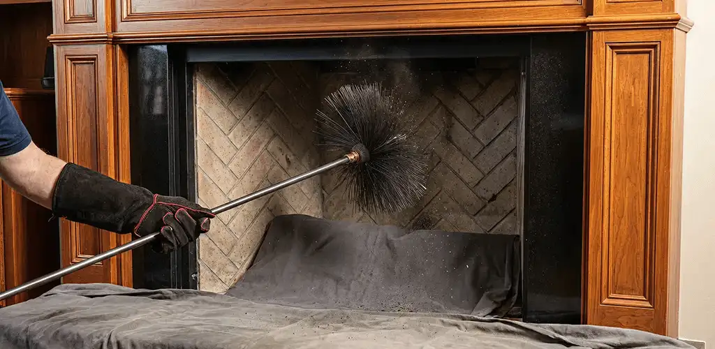 Chimney cleaning service brushing soot from a fireplace and flue in Hollywood, FL