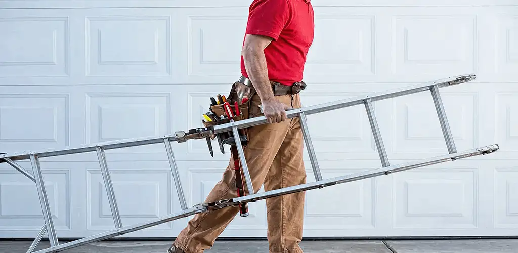 Garage door repair technician arriving with tools and ladder in Hollywood, FL