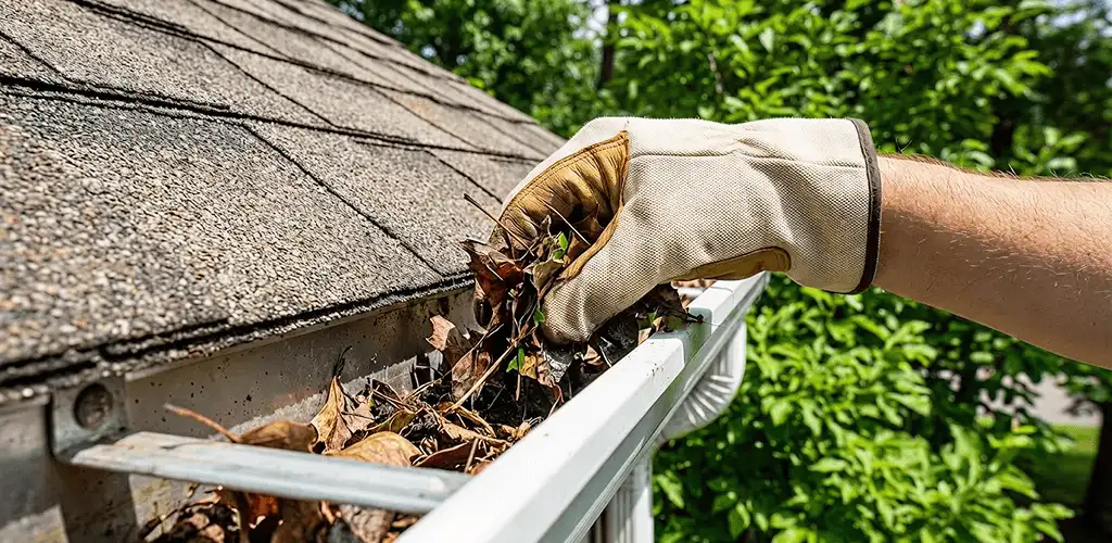 Gutter cleaning removing leaves and debris from roof gutters in Hollywood, FL