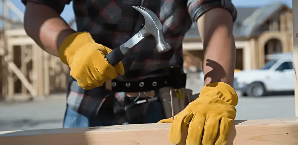Handyman fixing wood trim with a hammer for home repairs in Hollywood, FL