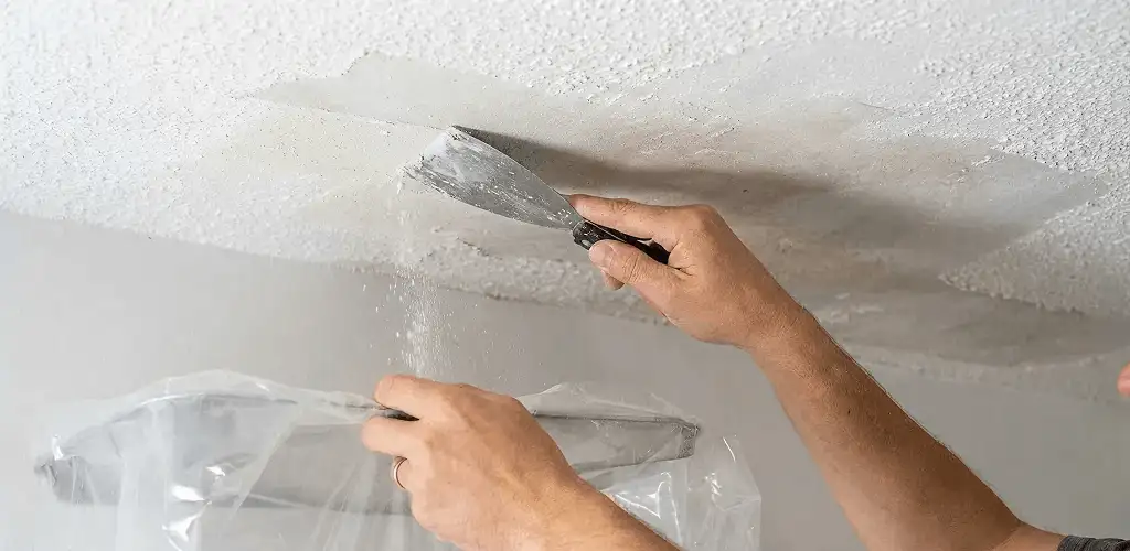 Popcorn ceiling removal technician scraping texture from a ceiling in Hollywood, FL