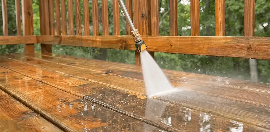 Pressure washing a wood deck to remove dirt and buildup in Hollywood, FL