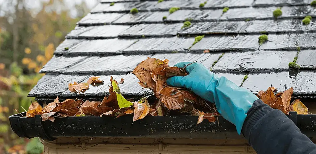 Gutter cleaning technician clearing wet leaves from roof gutters in Hollywood, FL