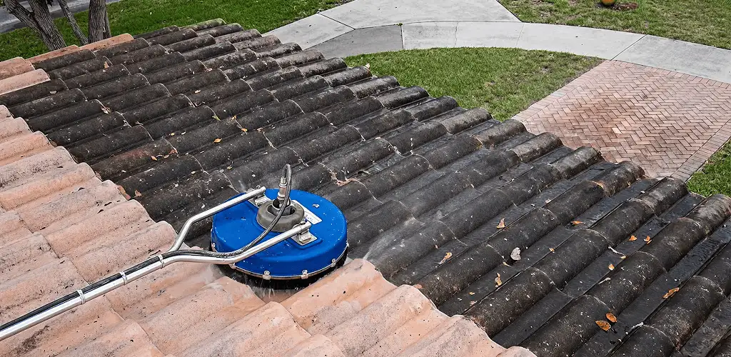 Roof pressure cleaning removing debris and buildup from roof tiles in Hollywood, FL