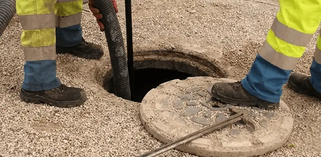 Drain cleaning crew clearing a sewer access point with professional equipment in Hollywood, FL