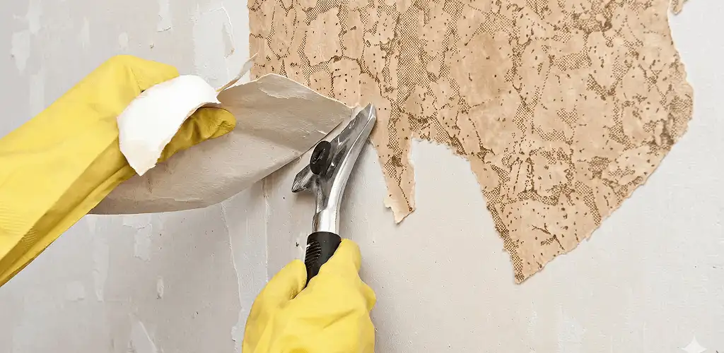 Wallpaper removal service stripping old wallpaper from a wall in Hollywood, FL