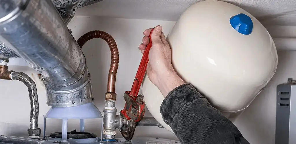 Water heater repair technician tightening plumbing connections near a tank unit in Hollywood, FL