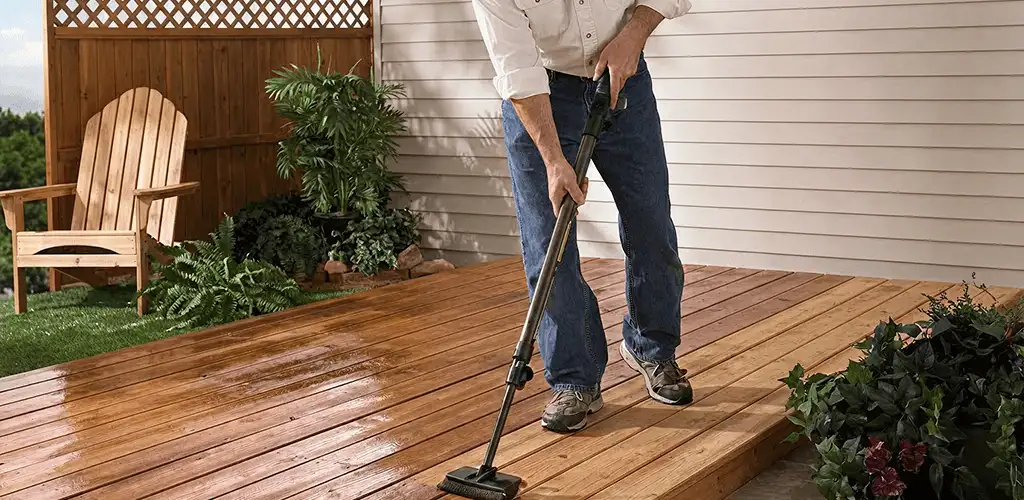 Deck staining service applying stain to a backyard wood deck in Hollywood, FL